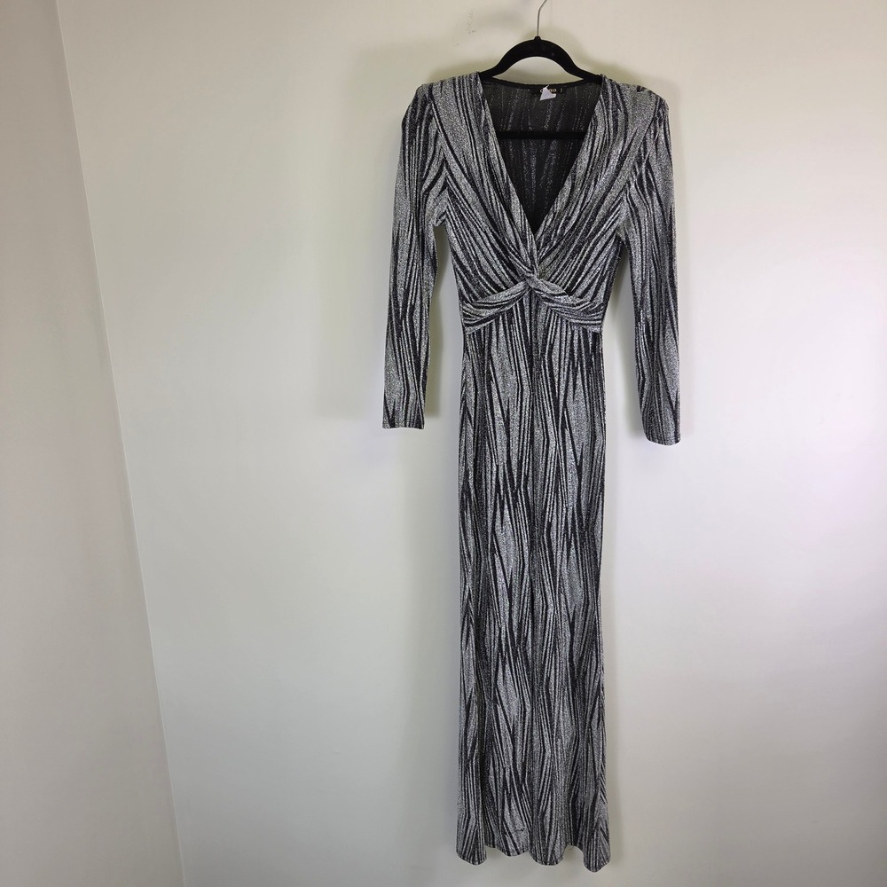 Cameo Silver Blk Metallic Twist Front V-Neck Maxi Dress Long Sleeve SZ S C0635-1